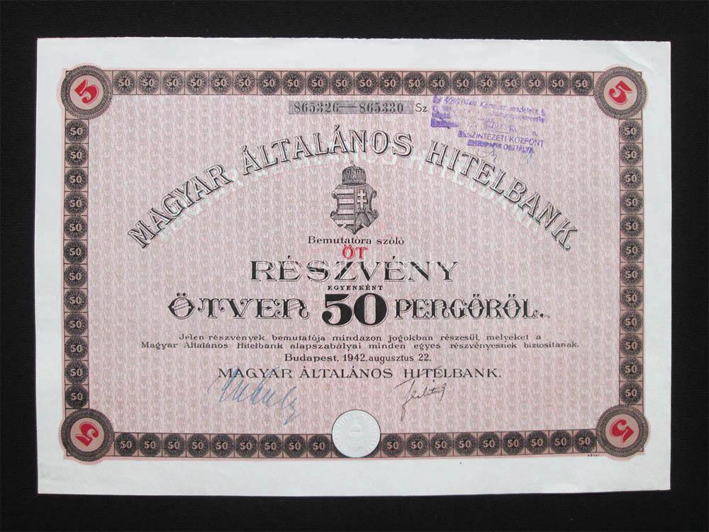Magyar Általános Hitelbank részvény 5x50 pengő 1942